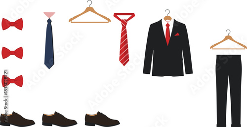 Formal menswear accessories, red bow ties, neckties, pocket square, black trousers, dress shoes, fashion styling, wardrobe essentials, elegant outfit