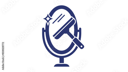 Dark Blue Icon Depicting A Mirror Being Cleaned With A Squeegee On A Black Background Symbolic Of Cleanliness And Reflection