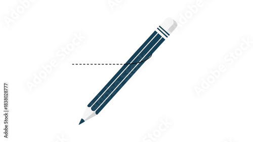 Dark Blue Pencil With White Eraser And Stripes And Graphite Tip On A Black Background With White Lines Drawn On The Pencil