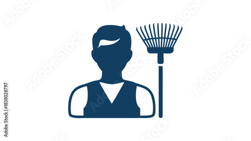 Dark Blue Silhouette of a Gardener Holding a Rake on a Black Background symbolizing Outdoor Work and Yard Maintenance