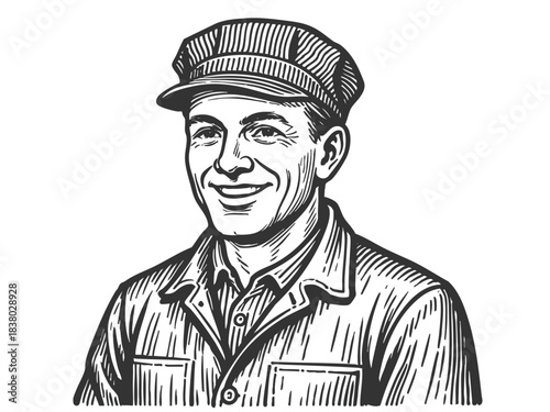 cheerful train operator in a striped cap and work uniform, shown from the waist up sketch engraving generative ai fictional character vector illustration. Scratch board imitation. Black and white.