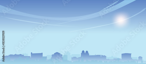 Blue panoramic poster of the city skyline with misty background buildings and clouds of ZURICH, SWITZERLAND
