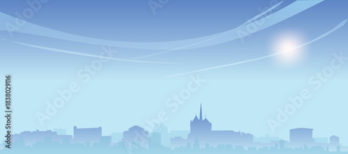 Blue panoramic poster of the city skyline with misty background buildings and clouds of GENEVA, SWITZERLAND