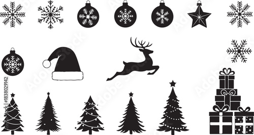 Assorted Christmas Silhouettes Featuring Reindeer Snowflakes and Gift Boxes Keywords: christmas, holiday, winter, celebration, season, festive, xmas, december, new year, gift, present, box, ribbon
