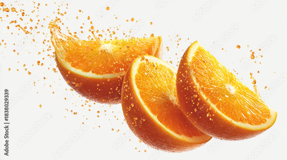 Obraz premium Fresh orange slices floating in the air with juice splashing around them
