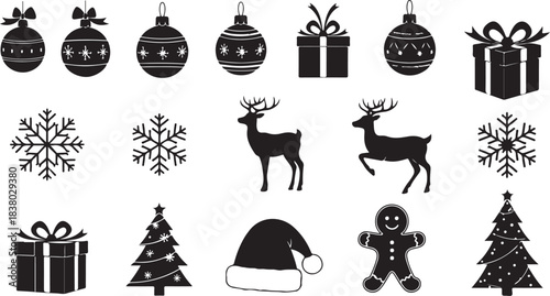 Assortment of Christmas Icons with Ornaments Gifts Reindeer Snowflakes Trees Santa Hat Gingerbread Man Keywords: christmas, holiday, winter, season, celebration, december, xmas, festive, greeting