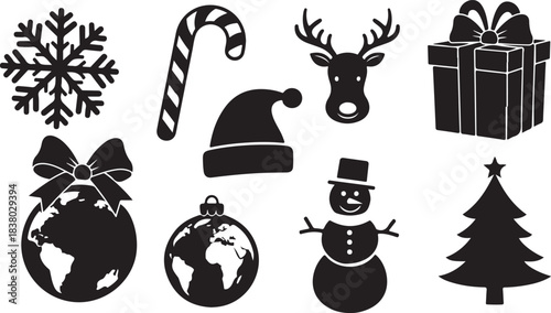 Black silhouette icons of Christmas and winter elements including a snowflake, candy cane, Santa hat, reindeer, gift, globe ornament, snowman, and Christmas tree Keywords: Christmas, holiday