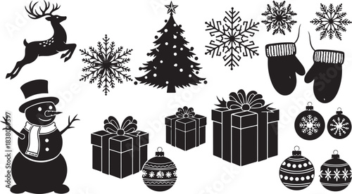 Christmas Holiday Silhouettes Including Snowman Reindeer Gift Boxes Snowflakes Ornaments and Mittens