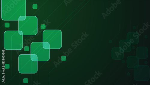 Green geometric abstract background featuring glowing layered squares soft gradients and tech inspired lines ideal for digital design branding presentations wallpapers and creative projects