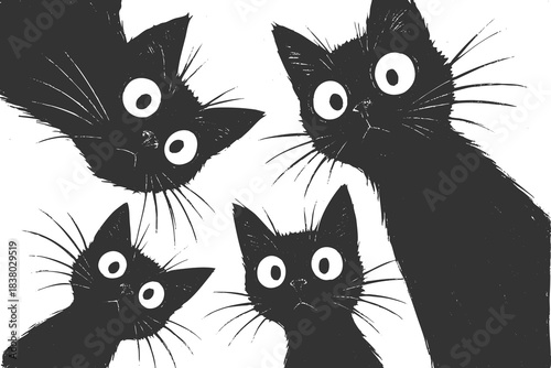 Adorable group of curious black cats with big eyes peering downward sketch engraving generative ai fictional character vector illustration. Scratch board imitation. Black and white image.