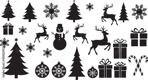 Christmas Icons Silhouette Collection Featuring Reindeer Snowman Trees Gifts Snowflakes Ornaments And Candy Canes Keywords: christmas, holiday, icon, silhouette, reindeer, deer, antlers, snowman