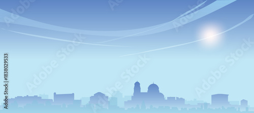 Blue panoramic poster of the city skyline with misty background buildings and clouds of SOFIA, BULGARIA