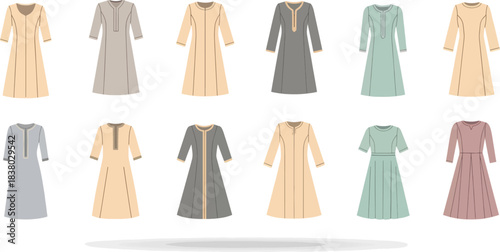 Collection of Elegant Women's Dresses in Soft Pastel and Neutral Colors