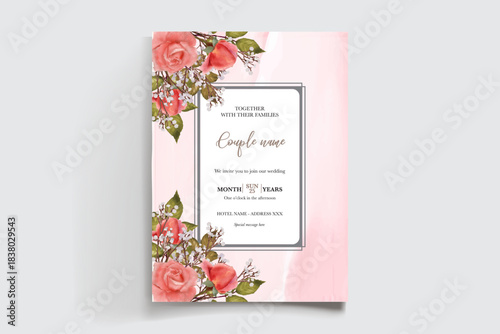 WEDDING INVITATION FRAME WITH FLOWER DECORATIONS AND FRESH LEAVES
