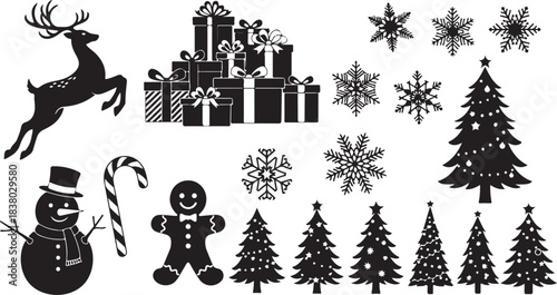 Christmas Icons Silhouette Collection Festive Holiday Elements with Snowman and Reindeer vector illustration