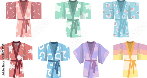Colorful Floral Kimono Robes Set in Pastel Shades for Lounge or Casual Wear