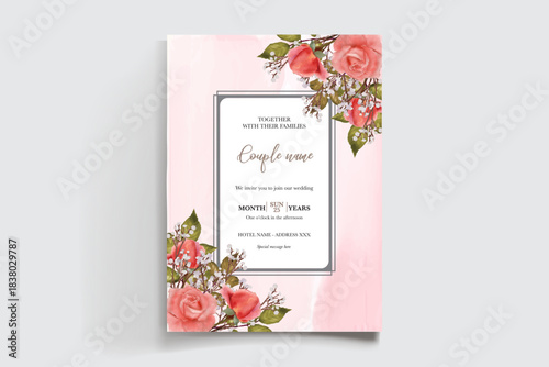 WEDDING INVITATION FRAME WITH FLOWER DECORATIONS AND FRESH LEAVES
