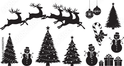 Christmas Scene with Reindeer Sleigh Team Gift Boxes Snowmen Decorated Trees and Ornaments Keywords: christmas, holiday, winter, season, celebration, december, xmas, festive, greeting, card