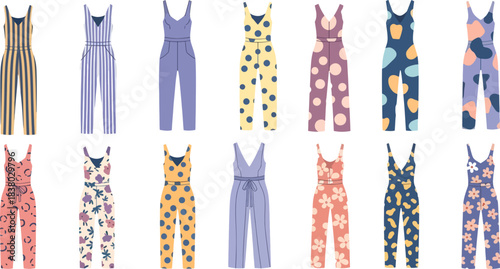 Colorful Women's Jumpsuits and Dresses with Patterned Designs on White Background