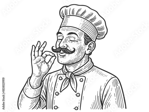 Bellissimo gesture chef making the delicious hand gesture, cooking and food themes sketch engraving generative ai fictional character vector illustration. Scratch board imitation. Black and white.