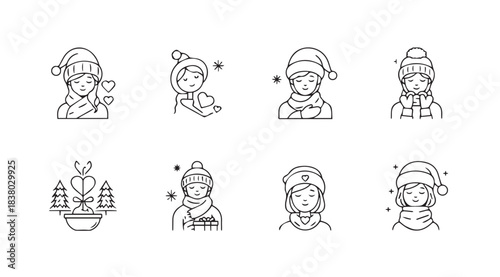 Collection of eight festive christmas character portraits in a charming line art silhouette style