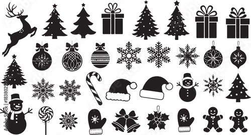 Collection of Christmas and Winter Holiday Silhouettes Including Reindeer Snowflakes Trees Gifts and Ornaments Keywords: christmas, holiday, winter, silhouette, reindeer, snowflake, christmas tree