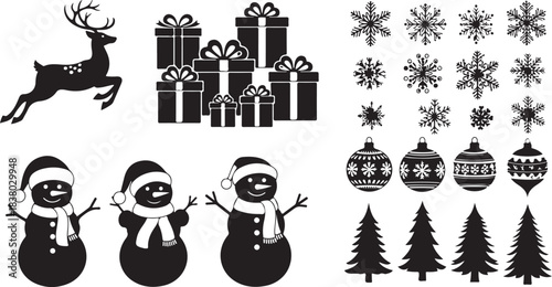 Collection of Christmas Silhouettes Including Reindeer Snowmen Gift Boxes Snowflakes Ornaments and Trees Keywords: christmas, holiday, winter, season, celebration, december, xmas, festive
