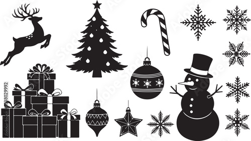 Comprehensive Christmas Silhouette Collection with Stacked Gifts Snowman Reindeer and Ornaments holiday