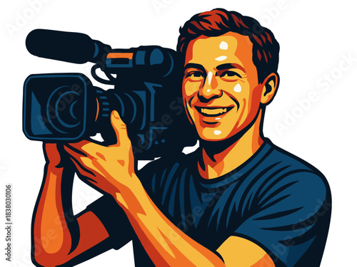 man filming with a professional video camera, ideal for media and production themes. Generative ai vector colorful pop art illustration.