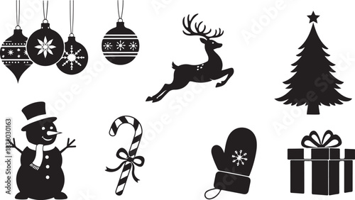 Minimalist Christmas Silhouettes with Snowman Reindeer Candy Cane Mitten and Gift holiday