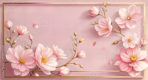 Elegant Pink Blossoms with Golden Frame on a Soft Background