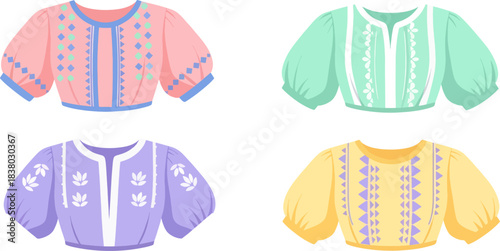 Colorful Traditional Blouses with Embroidery in Bright Pastel Shades for Cultural or Festive Wear