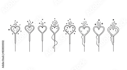 Collection of elegant heart shaped magic wand silhouettes with decorative elements silhouette