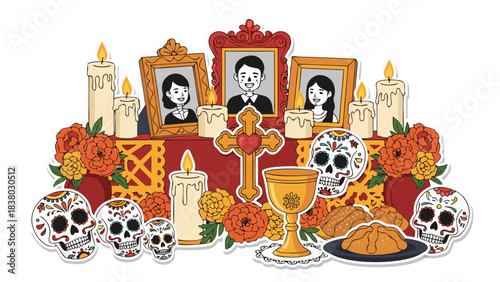 Day of the Dead Altar Offering Ofrenda With Sugar Skulls Marigolds Candles And Family Portraits Vibrant Festive Celebration Of Life