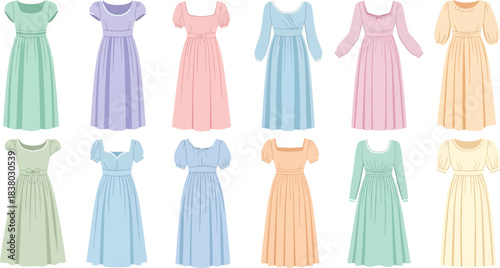 Colorful Vintage Dress Collection with Puff Sleeves and Flowy Skirts