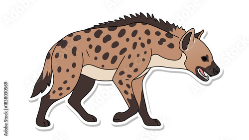 Detailed illustration of a spotted hyena walking with its mouth slightly open showing teeth set against a clean white background stylized graphic representation of a wild mammal animal side profile