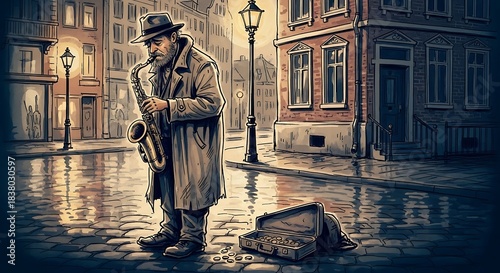 A lone saxophonist plays his instrument on a wet city street at night.