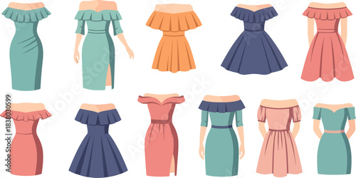Set of Elegant Ruffled Dresses in Pastel and Dark Colors for Fashion or Design Projects
