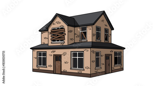 Dilapidated Two Story House With Boarded Up Windows And Damaged Brick Exterior In A Neutral Color Palette Illuminated By Soft Light