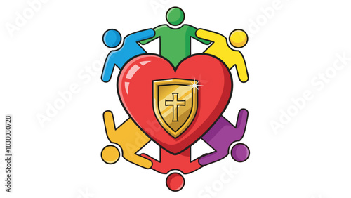 Diverse Community Embraces a Shining Red Heart Shield with Christian Cross Symbol of Protection and Love Against Black Background Spiritual Unity and Faith Concept
