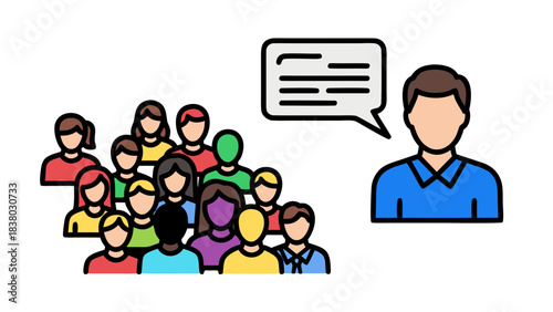 Diverse Group of People Listening to a Speaker in a Meeting Room Discussing Ideas Through Speech Bubbles and Communication Symbols