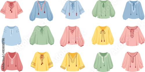 Colorful Traditional Blouses Set in Pastel and Bright Shades for Cultural or Fashion Use
