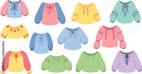Colorful Embroidered Flowy Blouses in Pastel and Bright Shades for Women