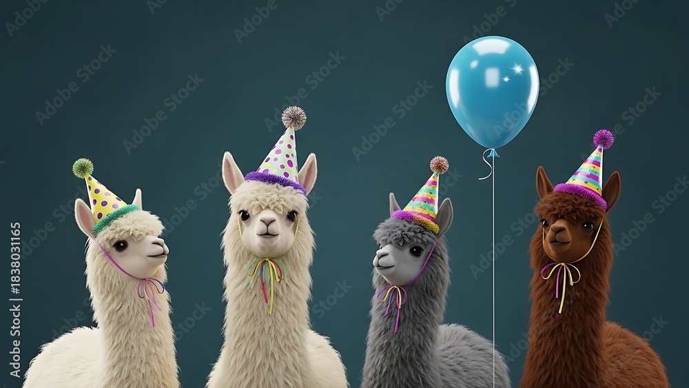 Fototapeta premium Cute Alpacas Wearing Party Hats with Balloon