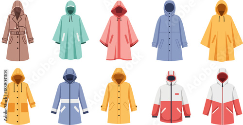 Colorful Hooded Raincoats Array in Bright Soft Lighting for Outdoor Wear