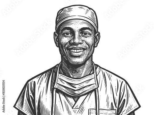 cheerful male surgeon wearing medical scrubs, a cap, and a face mask around his neck sketch engraving generative ai fictional character vector illustration. Scratch board imitation. Black and white.