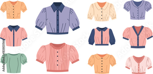 Colorful Cartoon Girl Blouses Set in Pastel and Bright Shades for Children