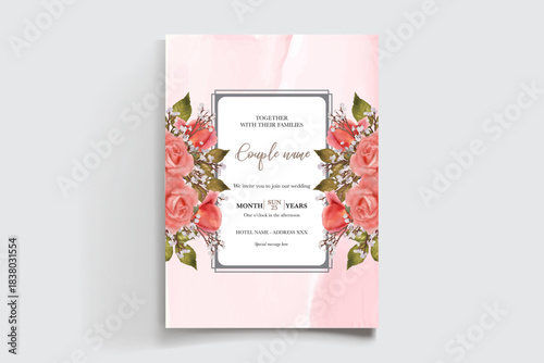 WEDDING INVITATION FRAME WITH FLOWER DECORATIONS AND FRESH LEAVES