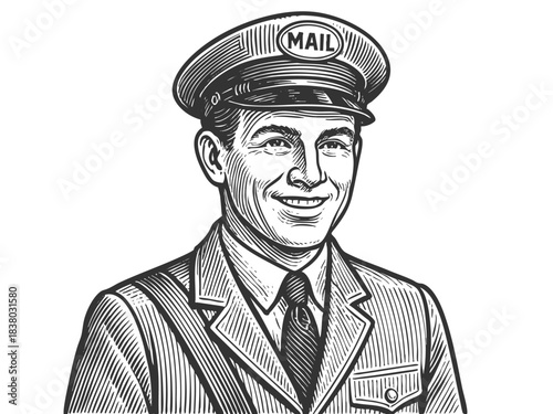 postal worker in classic uniform and hat labeled MAIL, carrying a mailbag sketch engraving generative ai fictional character vector illustration. Scratch board imitation. Black and white image.
