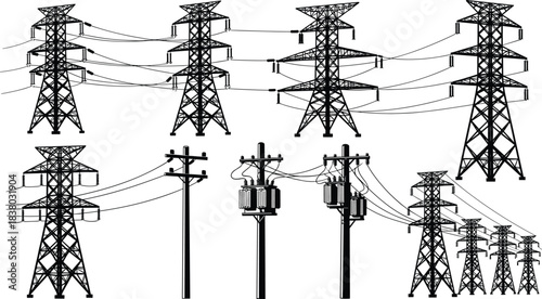 High voltage electric power transmission towers and utility poles, overhead electricity lines, energy infrastructure, monochrome isolated vector illustration.